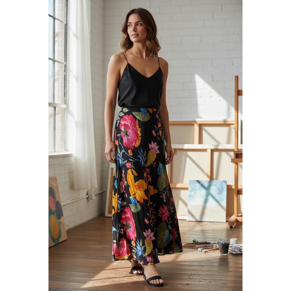 HAROLDS Floral Print Maxi Skirt Black Multicolor Tropical Flowy Size‎ 4 NEW